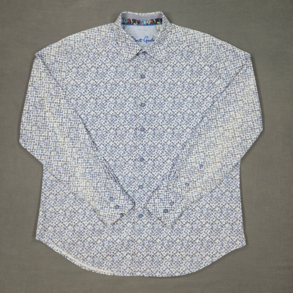Robert Graham Men Blue White Geometric Pattern Button Up Shirt Classic Fit Sz L
